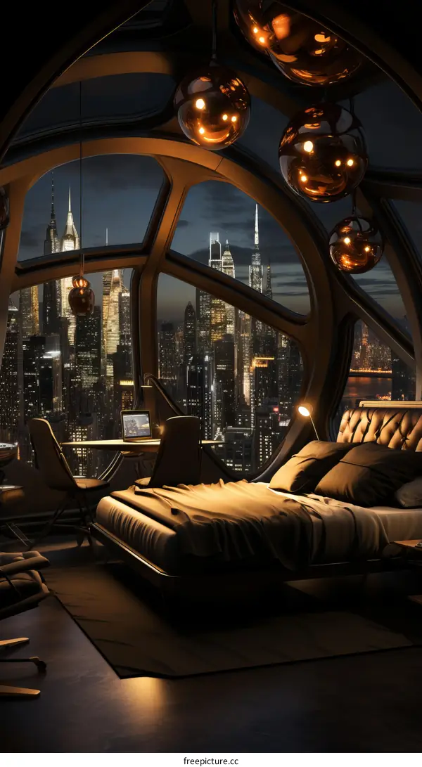 futuristic bedroom interior design with city view