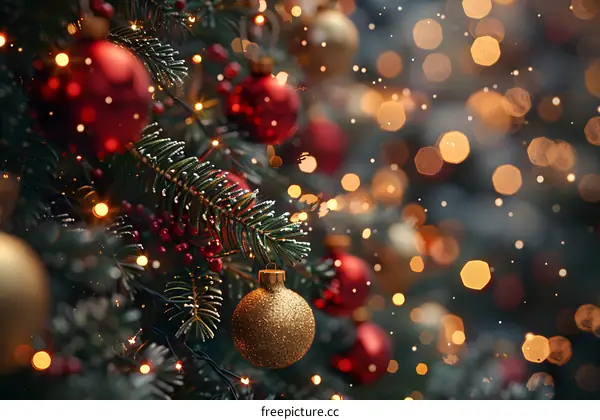 Red and gold ornaments on a Christmas tree