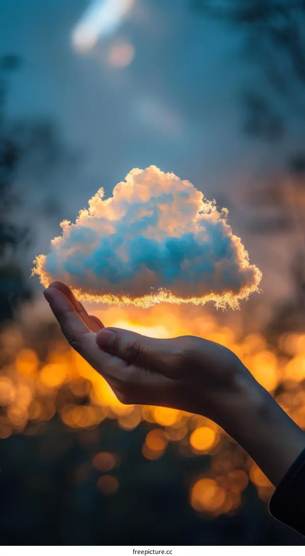 Hand Holding a Glowing Cloud at Sunset