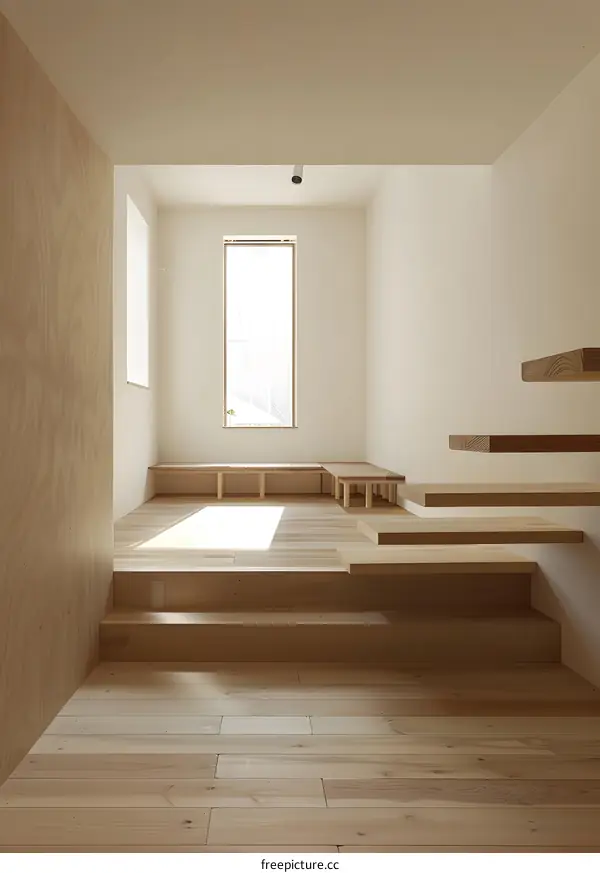 Minimalist Wooden Interior Design With Elevated Platform and Window