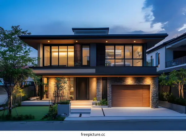 Modern Two Storey House with Stone Facade and Wooden Garage Door