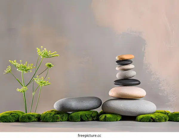 Zen Stones Stacked On Moss With Green Plant
