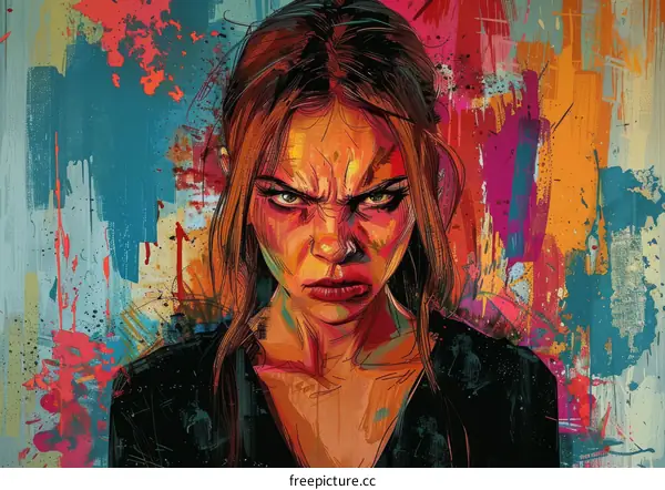Portrait of a Woman with an Angry Expression on a Colorful Painted Background