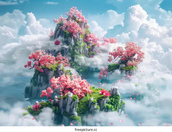 Mesmerizing Rocky Mountain Peak with Stunning Pink Cherry Blossoms and Clouds