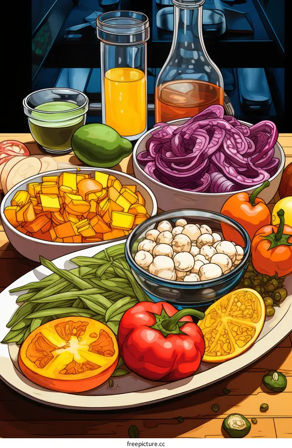 A colorful illustration of a variety of vegetables and fruits
