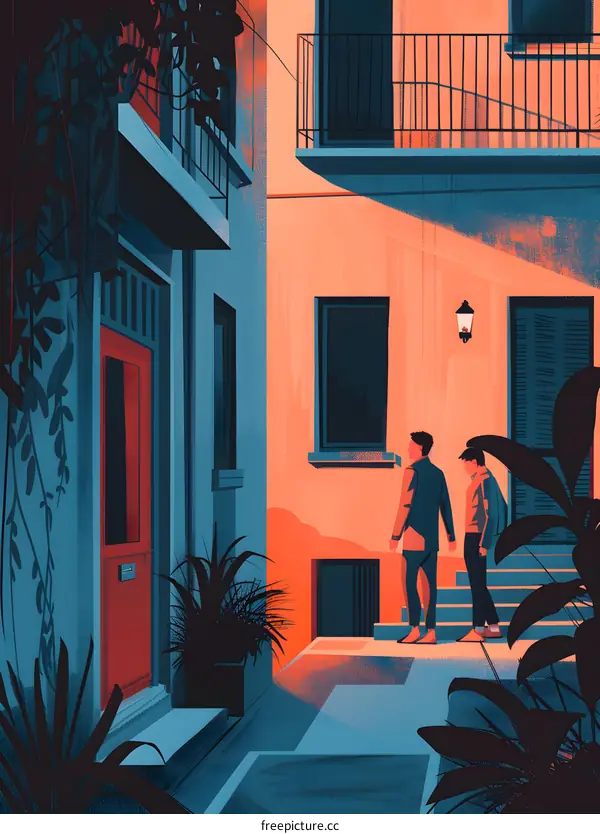 Two Men Talking in Front of a Doorway in a City Alleyway