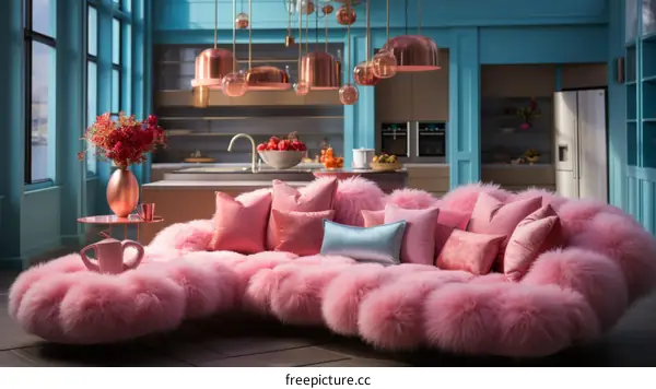 Pink Fluffy Sofa in a Blue Room