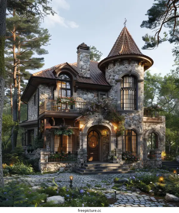 European-style retro stone house surrounded by woods