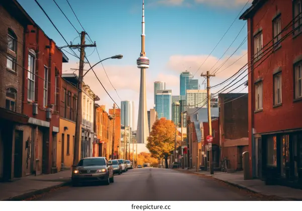 Toronto skyline from a residential street with colorful houses and autumn trees