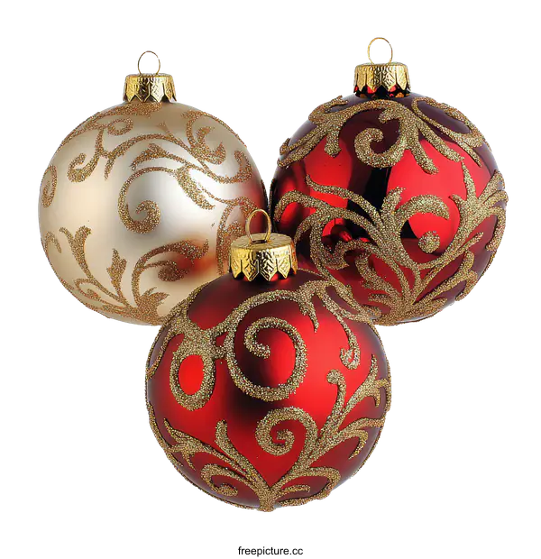 [Transparent Background PNG]Three Christmas Ornaments with Gold Designs