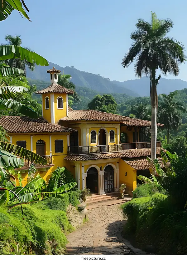 A beautiful yellow colonial house with a stunning view of the surrounding mountains