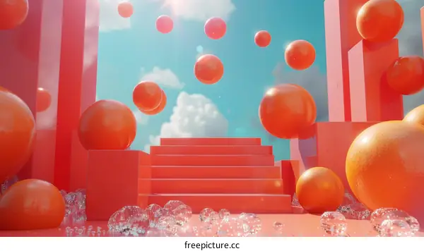 3D Rendering of an Orange Themed Podium with Floating Oranges
