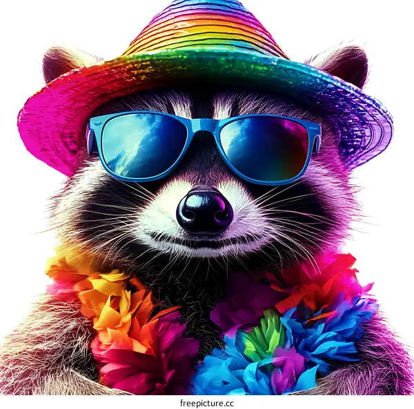 Raccoon in Sunglasses and Hawaiian Lei