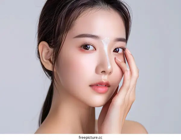 Closeup Portrait of Asian Woman Applying Face Cream