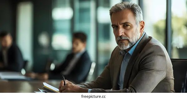 Serious Businessman Taking Notes in Meeting