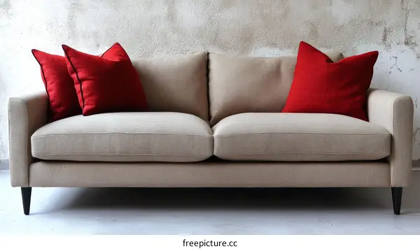 Modern Beige Sofa with Red Pillows