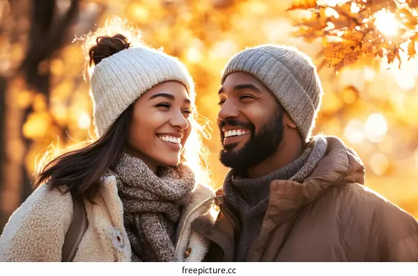 Smiling Couple In Love In Autumn