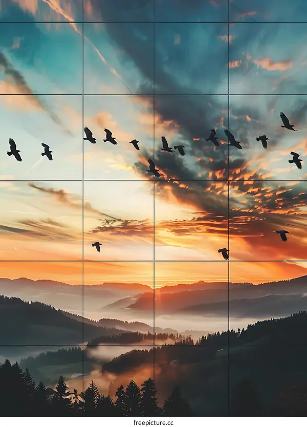 Silhouettes of Birds Flying Over a Mountain Range at Sunset