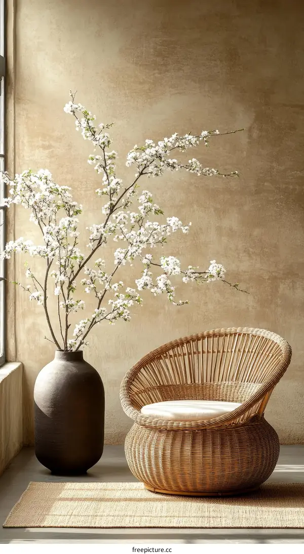 Rattan Chair with Vase and Floral Arrangement in Beige Interior