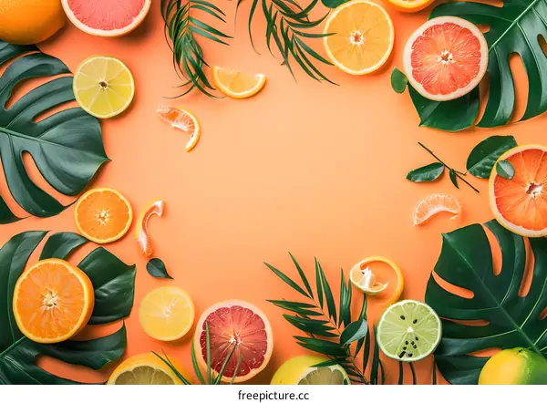 Tropical Fruit and Green Leaves on Orange Background