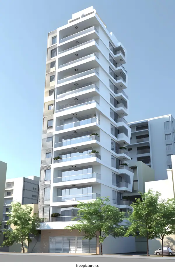 Modern White Apartment Building with Balconies and Trees