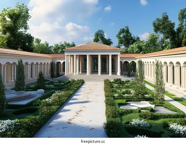 Classical Roman Architecture Building With Garden Courtyard