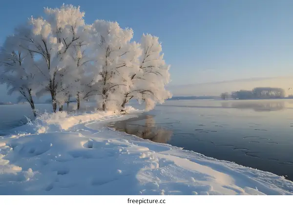 The beauty of snow-covered trees and a frozen river in winter