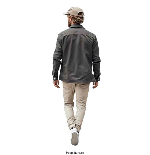 [Transparent Background PNG]Man in Dark Grey Shirt and Beige Pants