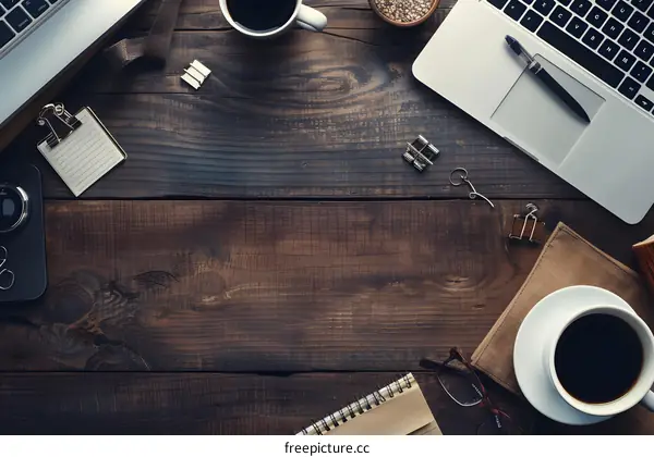 Wooden Desk Top View with Office Supplies