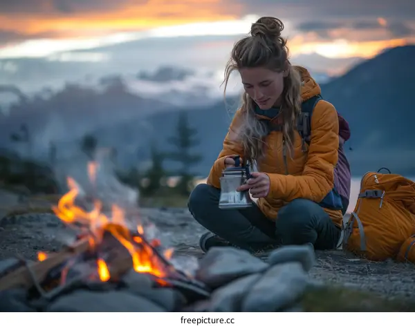 Young woman making coffee over a campfire while camping in the mountains