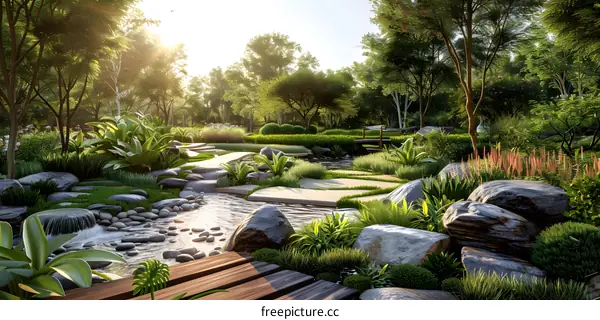 Natural Landscape: Small Bridge, Flowing Water, Trees and Sunshine