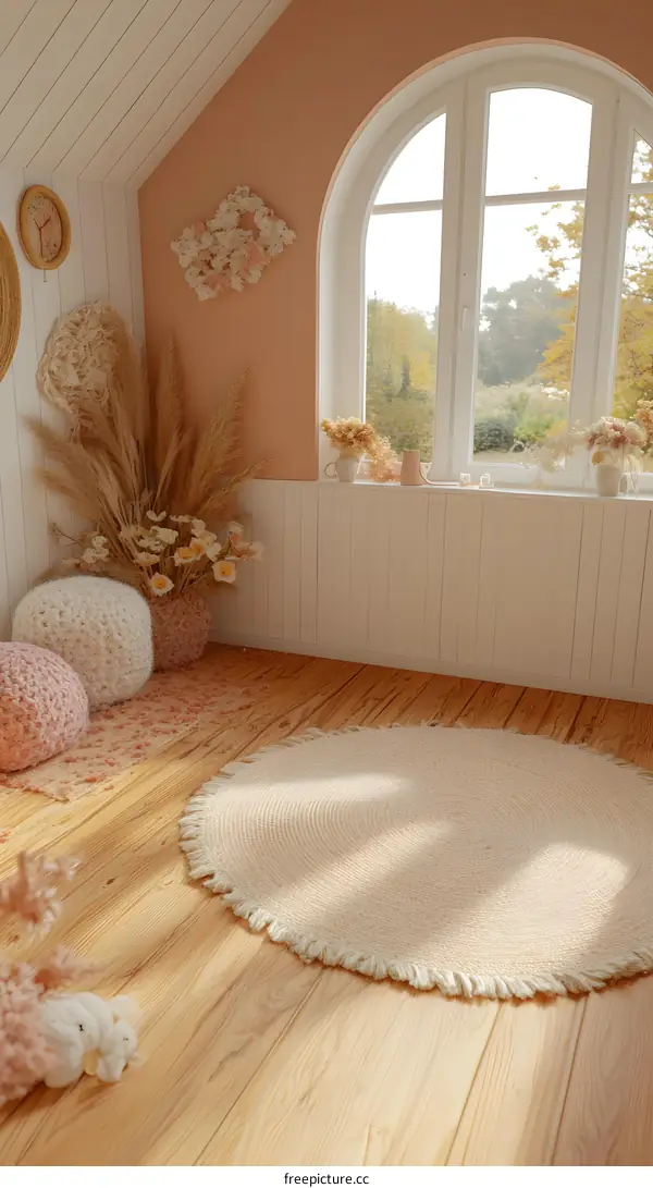 Beige Round Rug In Cozy Living Room With Natural Decor