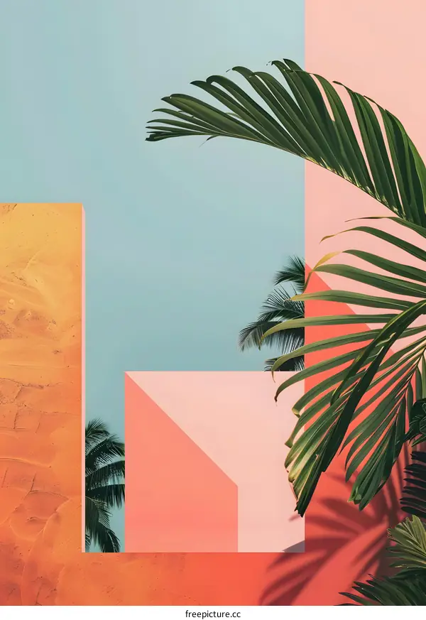 Tropical Minimalist Wall with Palm Leaves