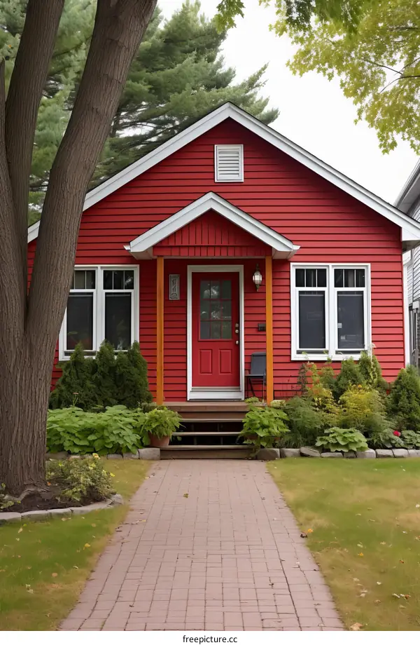 Small red house with white framed windows and a red door