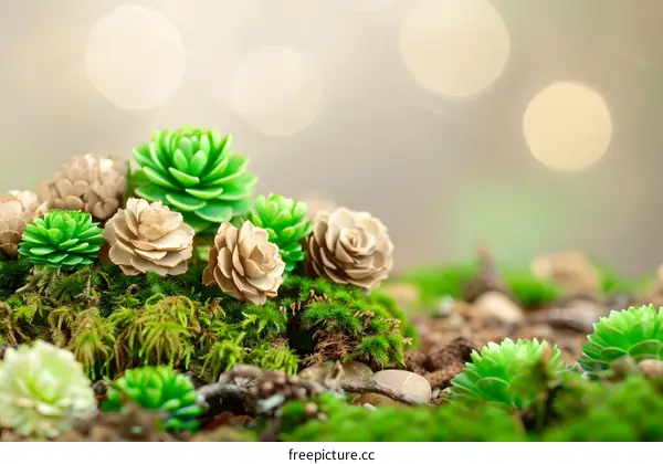 Green Succulents and Moss on a Soft Background
