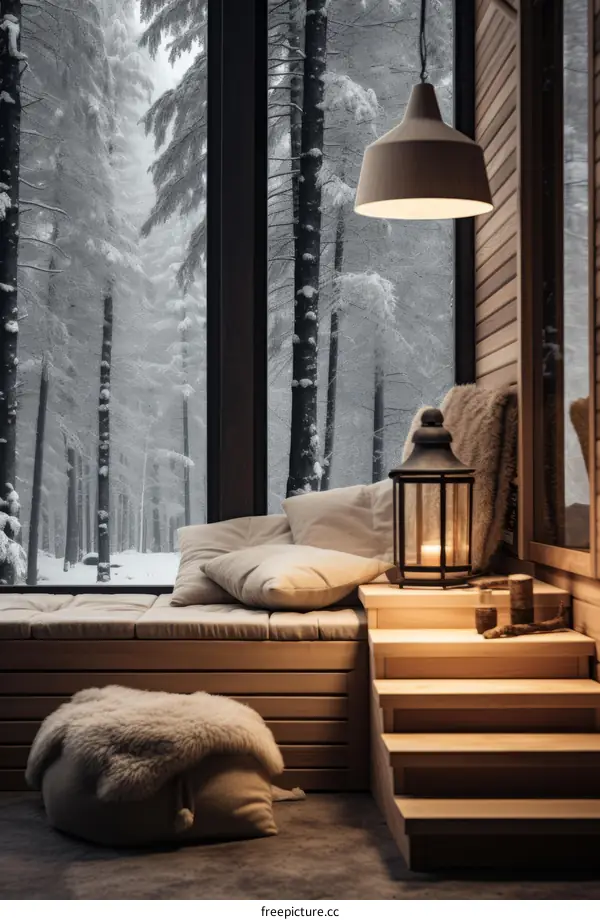 A snowy forest view provides a cozy backdrop for this Scandinavian living space
