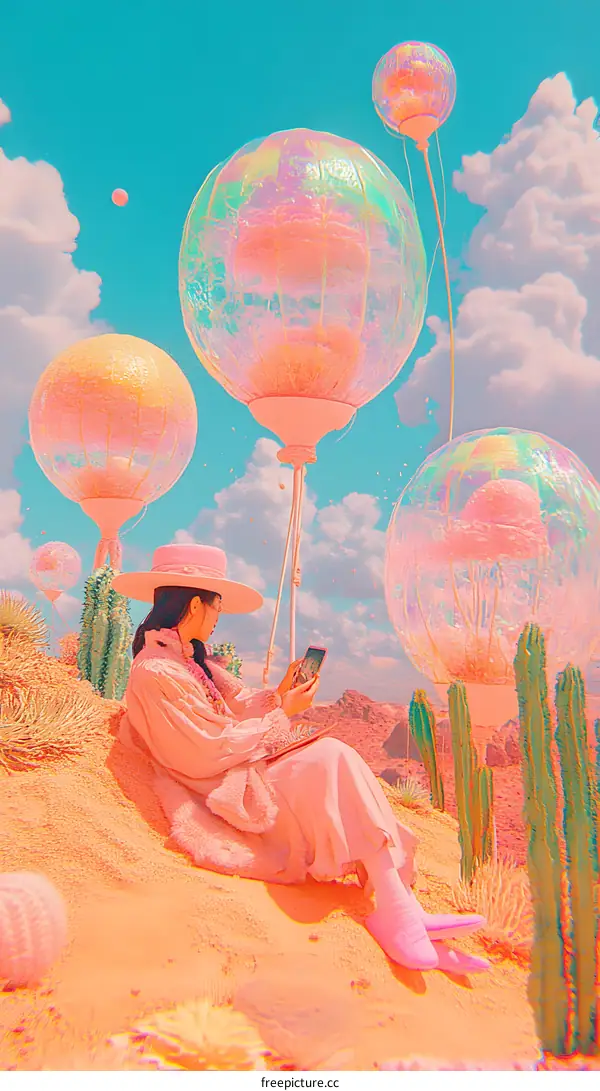 Woman in Pink Outfit Sitting in Desert With Balloons