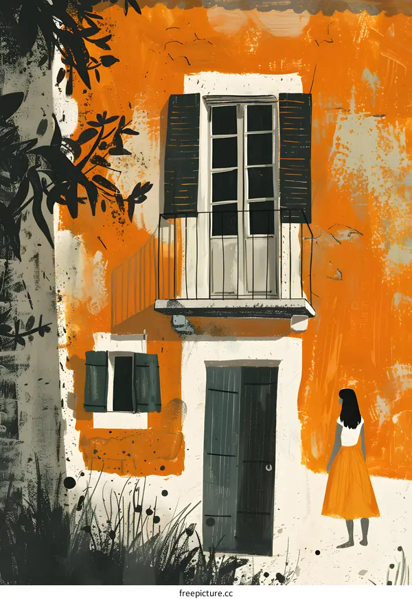 Woman in front of a house