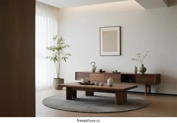 Minimalist living room with wooden furniture and potted plant