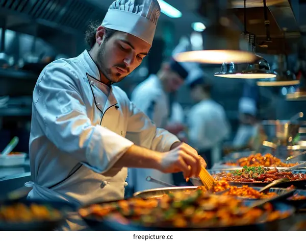 Focused male chef cooking in a busy restaurant kitchen