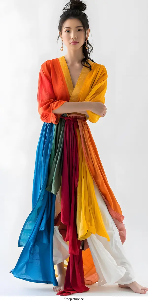 An Asian woman wearing a colorful dress is standing in front of a white background.