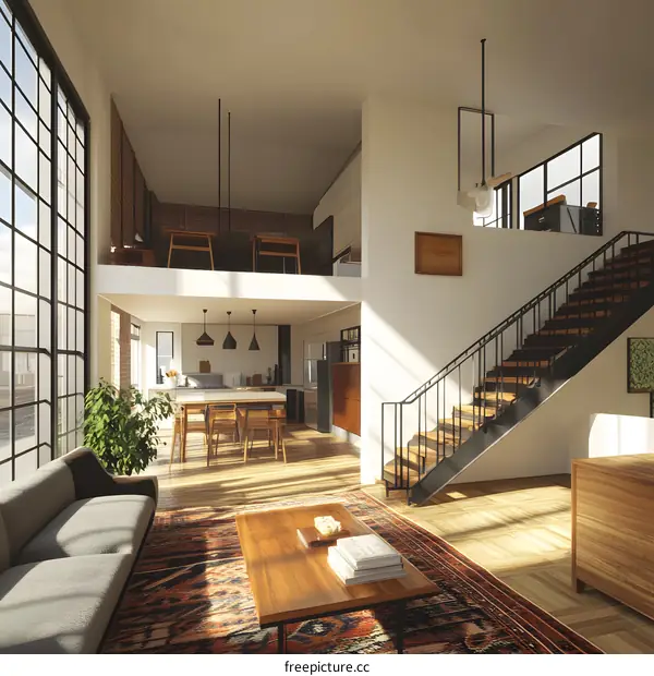 Modern Loft Apartment Interior Design with Open Floor Plan and Staircase