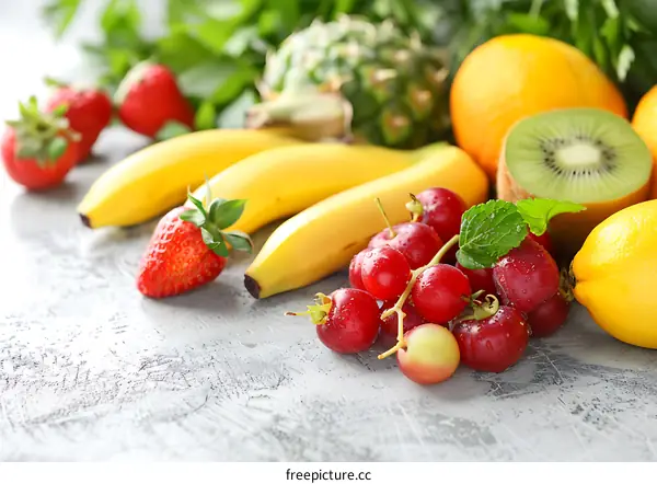 Fresh Tropical Fruits and Berries on Grey Background
