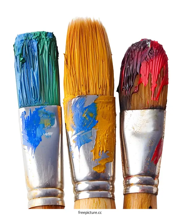 three paintbrushes with blue, yellow and red paint