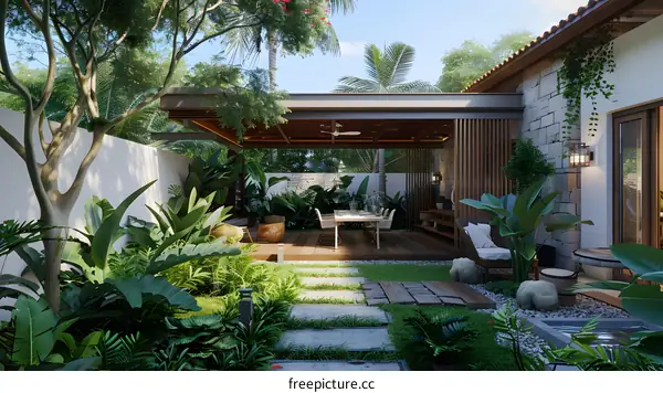 Tropical Garden Patio Design With Wooden Pergola and Stone Wall