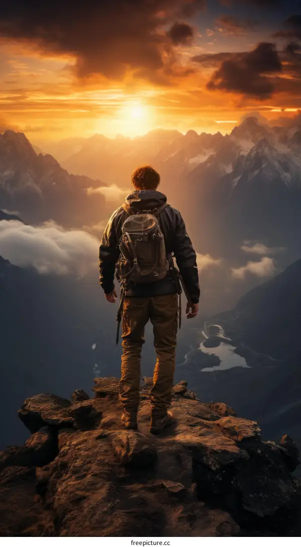 Man standing on a mountaintop overlooking a valley at sunset
