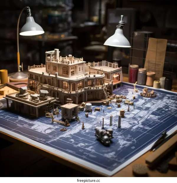 Wooden Model House on Table with Blueprints
