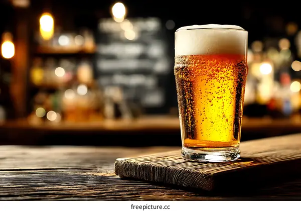 Cold Beer Glass on Rustic Wooden Bar Top