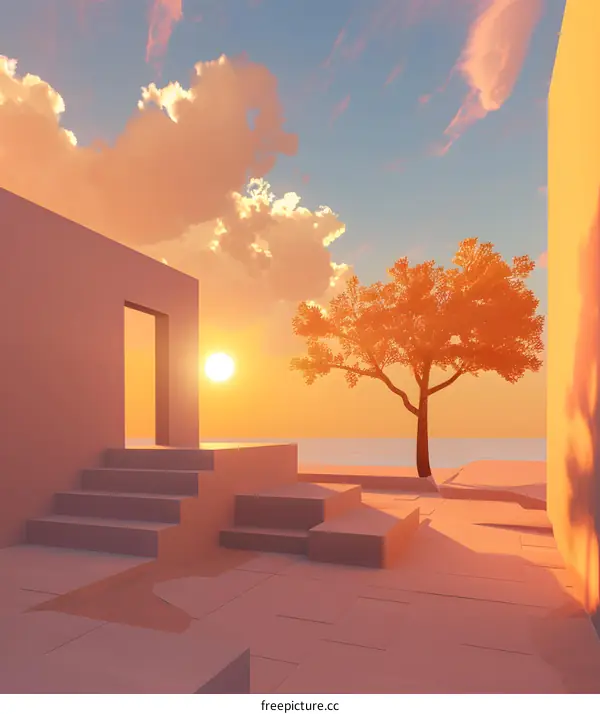 Minimalist Sunset Architecture With Tree and Stairs