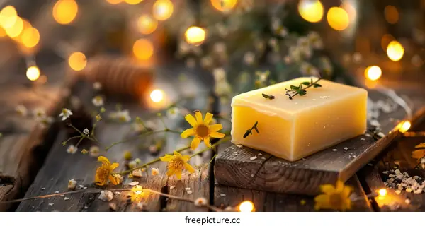 Handmade Chamomile Soap on Wooden Table